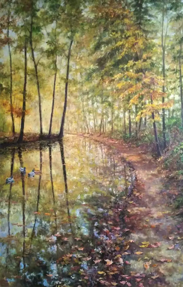 Golden Forest Pond — a warm autumn scene of trees reflected in still water